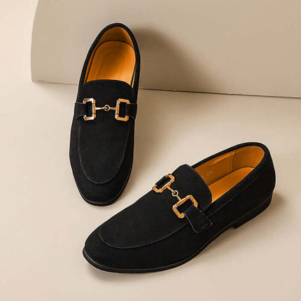 Montaro Suede Loafers in black with gold accents, showcasing luxury and slip-on comfort for men. Formal and stylish men's leather loafers.