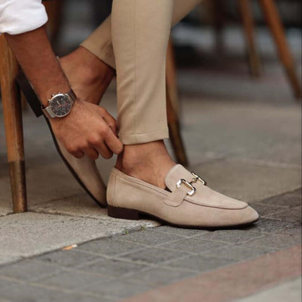 Montaro Suede Loafers featuring gold accent, ideal for men's formal style with luxury, slip-on comfort and premium leather elegance.