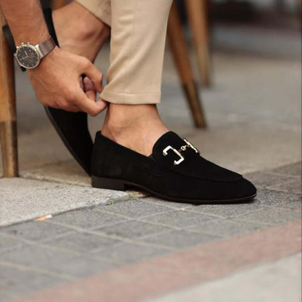 Elegant Montaro Suede Loafers with gold accent, highlighting slip-on comfort and luxury style for men.