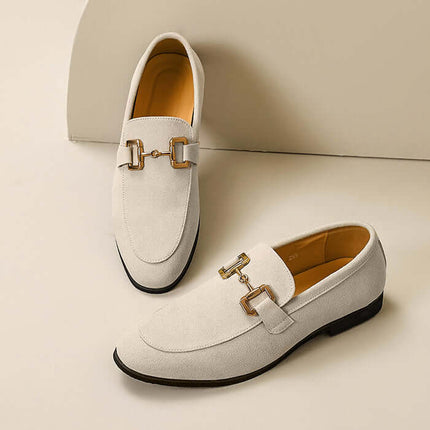 Montaro Suede Loafers showcasing luxury men's leather slip-on design with gold accents, perfect for formal style and comfort.