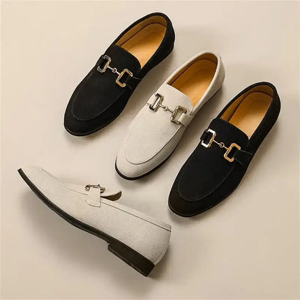Elegant Montaro Suede Loafers for men in black and grey, featuring a gold accent and slip-on design, perfect for luxurious formal style and comfort.