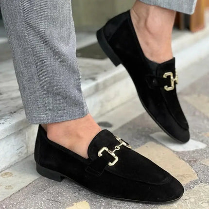 Montaro Suede Loafers with gold accents, perfect for men's formal wear. Slip-on comfort and luxury in men's leather loafers.