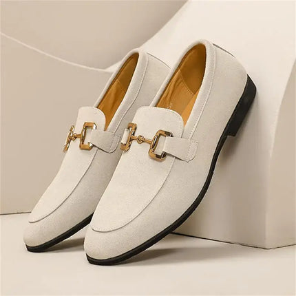 Montaro Suede Loafers in white suede with gold accent, featuring luxury slip-on design for men, versatile formal style, and orthopedic insole.