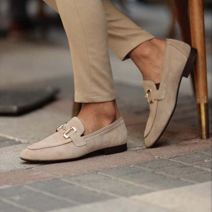 Montaro Suede Loafers - men's slip-on luxury loafers with gold accents for formal style and comfort.