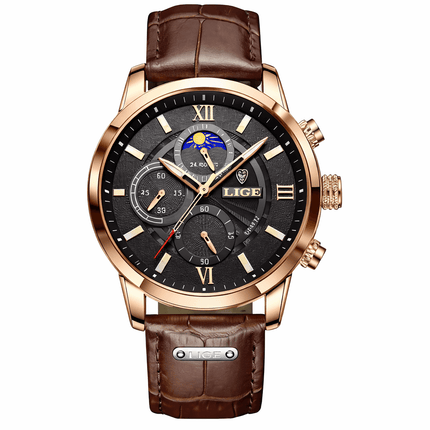 Montero Prestige – Leather Edition watch with brown leather strap, showcasing elegant design and refined quartz movement.