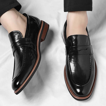 Montovani Leather Penny Loafers, sleek formal slip-on shoes, premium black leather for men's elegance and comfort, stacked heel design