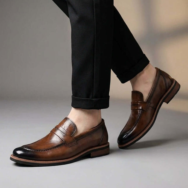 Gentleman wearing Montovani Leather Penny Loafers, showcasing the elegance and premium leather texture of these formal slip-on shoes.