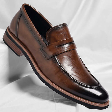 Montovani Leather Penny Loafers in sleek brown design, showcasing premium men's leather loafers and formal slip-on style with cushioned comfort.