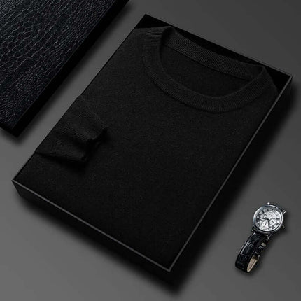 Orizio Knit Sweater in luxury packaging, showcasing premium knit-blend with round neckline, offering warmth and comfort for men's winter style.