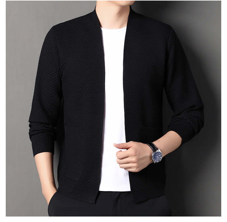 Orvieto Cardigan - men's winter sweater with textured knit and ribbed cuffs, perfect for layering and warmth, showcasing modern winter knitwear style.