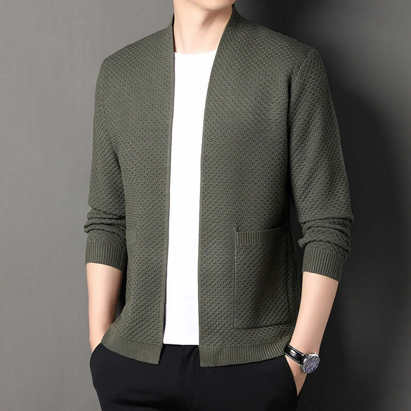 Orvieto Cardigan for men featuring a warm wool-blend fabric, geometric knit pattern, open front design, and functional pockets. Ideal winter knitwear.