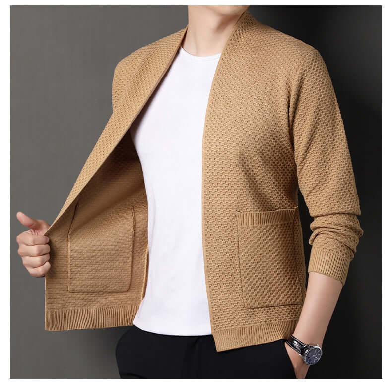 Orvieto Cardigan - men's winter sweater with warm wool-blend, geometric knit, open front, ideal for cozy winter layering and everyday comfort.