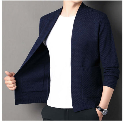 Orvieto Cardigan in navy blue, men's warm sweater with geometric knit, featuring open front and pockets, perfect for cozy winter layering.