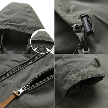 Close-up details of Outdoor Shield Jacket showing hood, zipper, drawstring, and velcro.