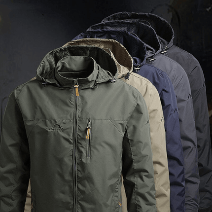 Four Outdoor Shield Jackets in various colors, showcasing windproof and water-resistant features.
