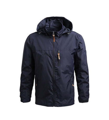 Outdoor Shield Jacket in navy blue, windproof and water-resistant, with hood and breathable lining for men's outdoor comfort.