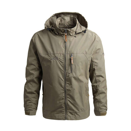 Outdoor Shield Jacket – Windproof & Water-Resistant, lightweight men's hooded jacket in a khaki color for outdoor protection.