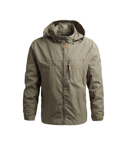Outdoor Shield Jacket – Windproof & Water-Resistant, lightweight men's hooded jacket in a khaki color for outdoor protection.