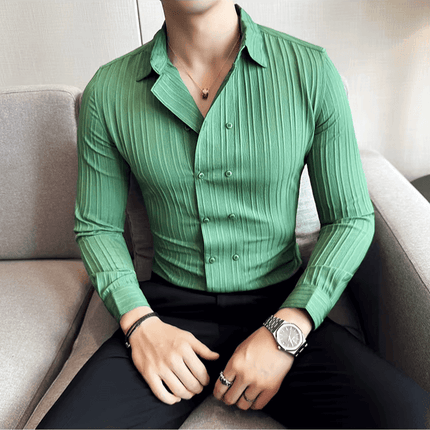 Oxford Stripe Shirt in green, slim-fit double-breasted men's casual shirt with soft, breathable cotton blend, perfect for work and social events.