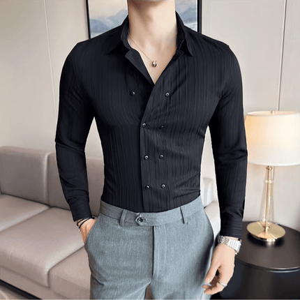 Oxford Stripe Shirt: Men's casual slim-fit black double-breasted shirt with subtle stripes, perfect for work or social outings, offering comfort and style.