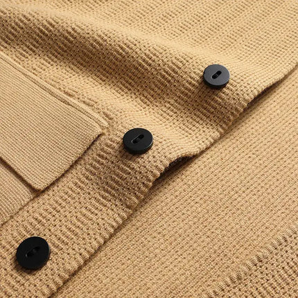 Detailed view of Padova Knit Cardigan showcasing textured knit, black buttons, and flap pocket, ideal men's winter knitwear for warmth and style.