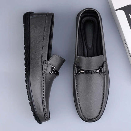 Pienza Genuine Leather Loafers in grey with metallic rope detail, showcasing premium elegance and slip-on comfort for formal and casual occasions.