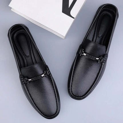 Pienza Genuine Leather Loafers with metallic detail, elegant men's slip-on shoes for formal occasions, crafted from premium leather.