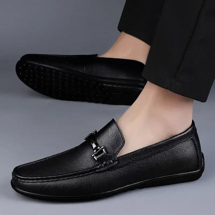 Pienza Genuine Leather Loafers with metallic detail, slip-on comfort, and orthopedic insole in black for an elegant and formal men's style.