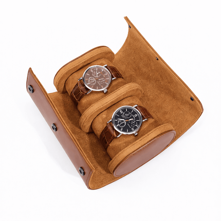 Premium Leather Watch Roll Travel Case - Secure Storage Organizer with two watches displayed inside, showcasing elegant protection.