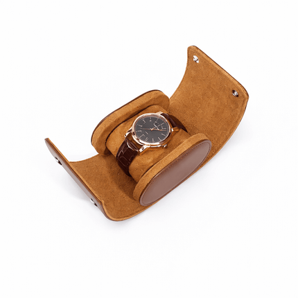 Premium Leather Watch Roll Travel Case - Secure Storage Organizer open with watch inside, elegant protection for your collection.