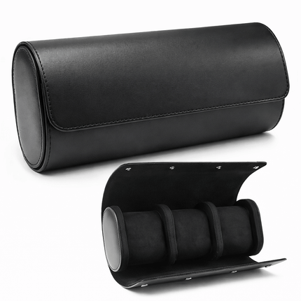 Premium Leather Watch Roll Travel Case - Secure Storage Organizer, elegant black design for watch protection and travel convenience