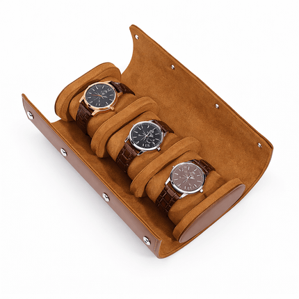 Premium Leather Watch Roll Travel Case - Secure Storage Organizer with three watches on soft interior, elegant protection for collections.