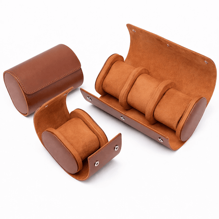 Premium Leather Watch Roll Travel Case - Secure Storage Organizer showcasing three sizes for optimal timepiece protection.