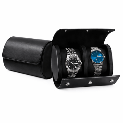 Premium Leather Watch Roll Travel Case - Secure Storage Organizer with two watches, ideal for collectors and travelers seeking protection.
