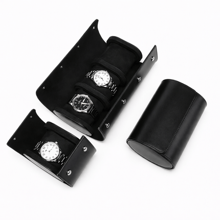 Premium Leather Watch Roll Travel Case - Secure Storage Organizer with watches displayed inside, offering elegant protection and style.