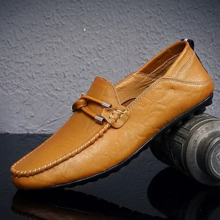 Prescott Leather Loafers in premium tan leather, showcasing slip-on design, ergonomic cushioned sole, perfect for formal and luxury occasions.