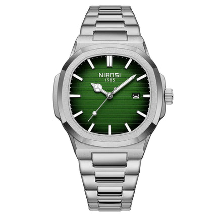 Quartz watch for men with green dial and silver stainless steel strap, showcasing elegance and contemporary style.