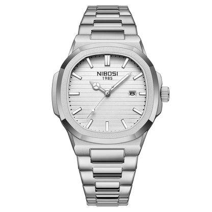 Silver wristwatch with metal strap, featuring a sleek design and minimalist watch face. Ideal for modern men seeking luxury and style.