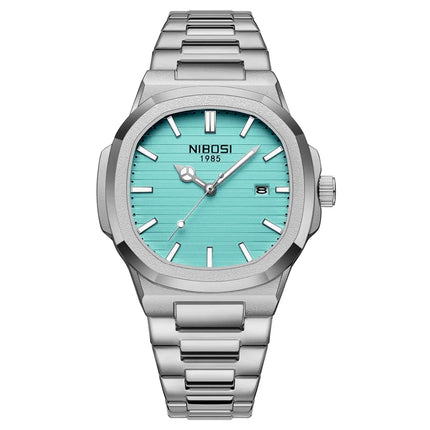 Silver stainless steel quartz watch with turquoise dial, modern and durable luxury for men, model Rivano Prestige 40 by NIBOSI.