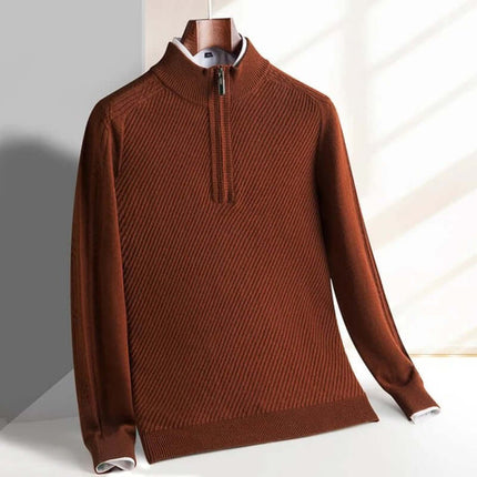 Renato Ribbed Sweater in brown, warm and soft wool-blend, perfect for men's winter fashion with a cozy knit and half-zip design for layering.