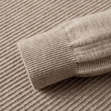 Close-up of Renato Ribbed Sweater sleeve showcasing the finely ribbed wool blend texture, ideal for warm men's winter knitwear and layering.