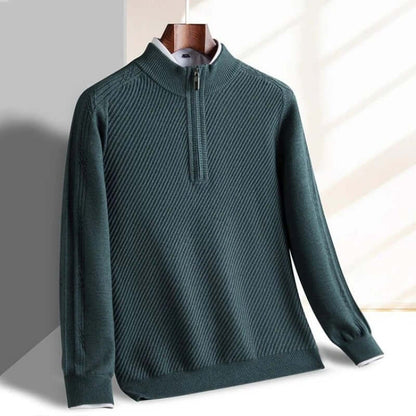Renato Ribbed Sweater in green with a ribbed half-zip design, highlighting warmth and comfort for men's winter knitwear and everyday wear.