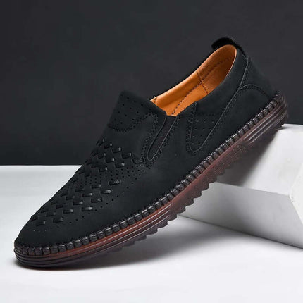 Roma Genuine Leather Loafers for men showcasing a black slip-on design with perforated pattern and woven accents for a sophisticated formal look.