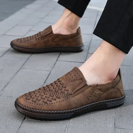 Roma Genuine Leather Loafers with perforated design, woven texture, and orthopedic insole for elegant slip-on comfort and formal style.