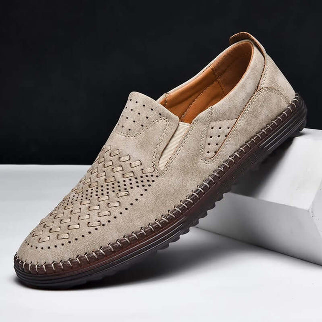 Roma Genuine Leather Loafers with perforated design and woven accents, showcasing premium slip-on comfort, elegance, and formal style for men.
