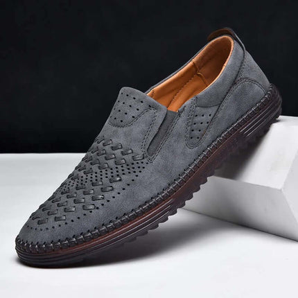 Roma Genuine Leather Loafers with perforated design, woven accents, and orthopedic insole, offering slip-on comfort and elegance for formal wear.