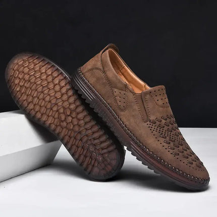 Roma Genuine Leather Loafers for men with perforated design and woven accents, offering luxury slip-on comfort and formal style.
