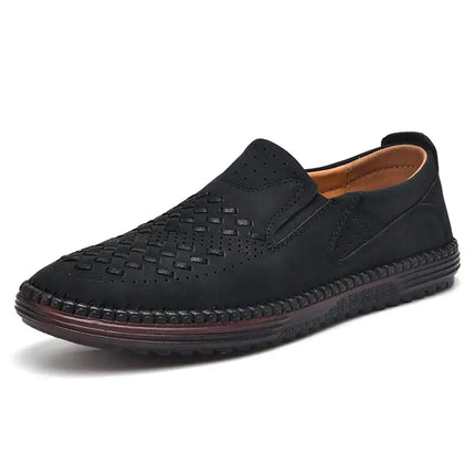 Roma Genuine Leather Loafers - Elegant slip-on men's leather loafers with perforated design, woven accents, and orthopedic insole for formal style.