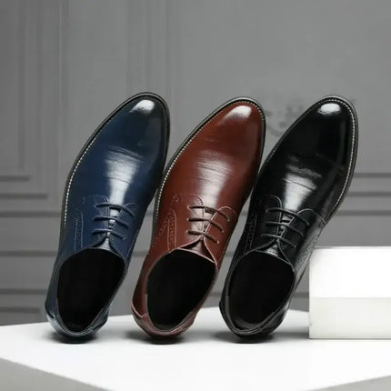 Roma Wingtip Dress Shoes in blue, brown, and black colors with subtle brogue detailing.