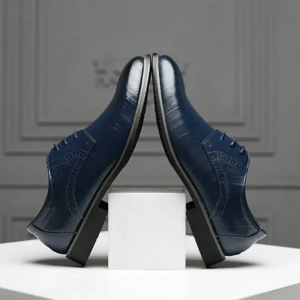 Roma Wingtip Dress Shoes with brogue detailing in navy blue, featuring orthopedic insole and modern design on display.